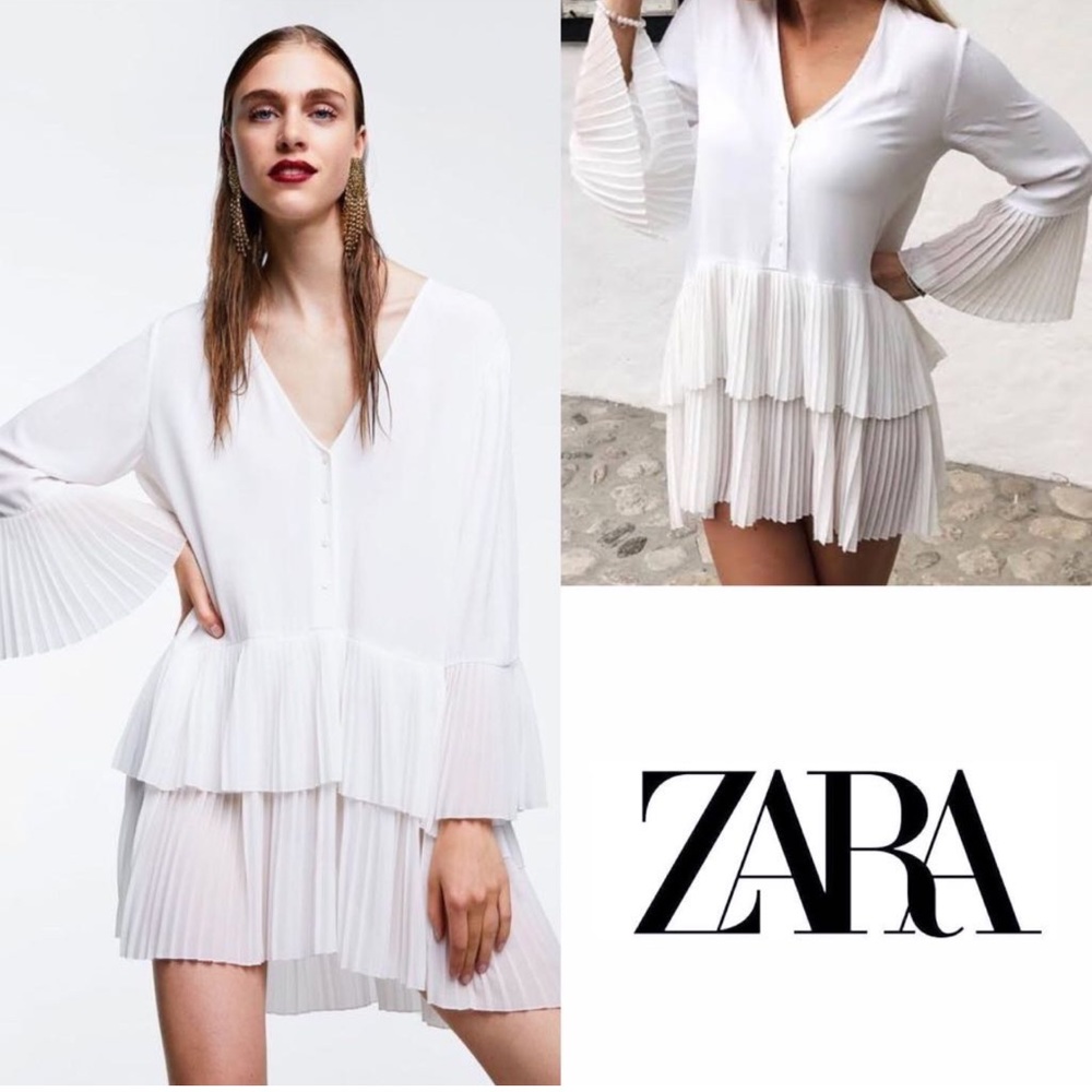 ZARA White Pleated Shirtdress Size Medium